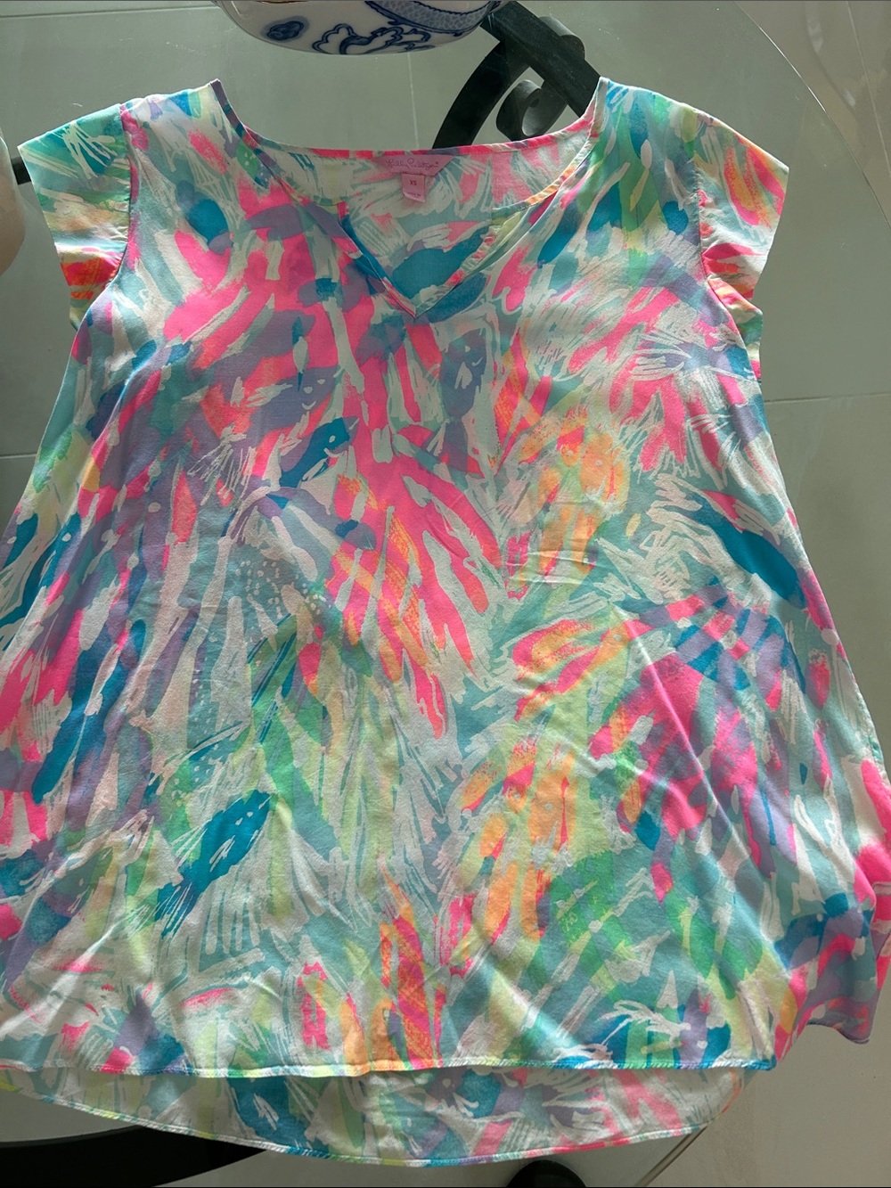 Lilly Pulitzer Pink Aqua Coral Floral V-Neck Blouse